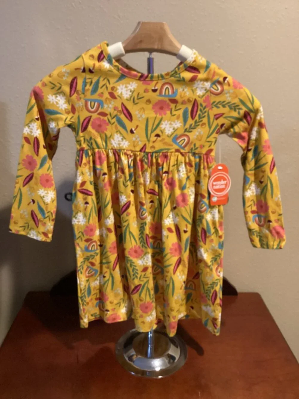 Girls Mustard Yellow Floral Rainbow Long Sleeve Dress – NWT
